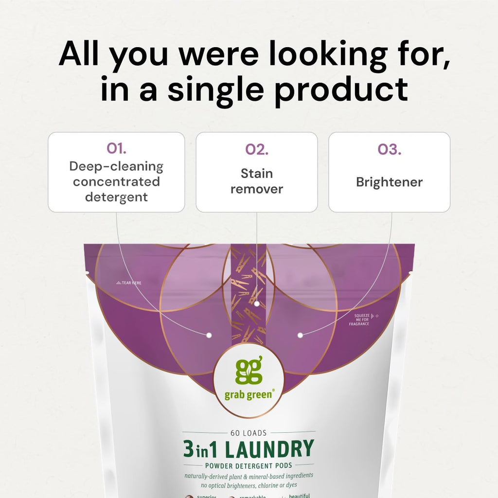 Grab Green 3-in-1 Laundry Detergent Pods, 24 Count, Fragrance Free, Plant and Mineral Based, Superior Cleaning Power, Stain Remover, Brightens Clothes