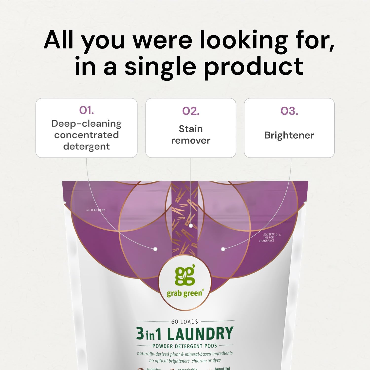 Grab Green 3-in-1 Laundry Detergent Pods, 24 Count, Fragrance Free, Plant and Mineral Based, Superior Cleaning Power, Stain Remover, Brightens Clothes
