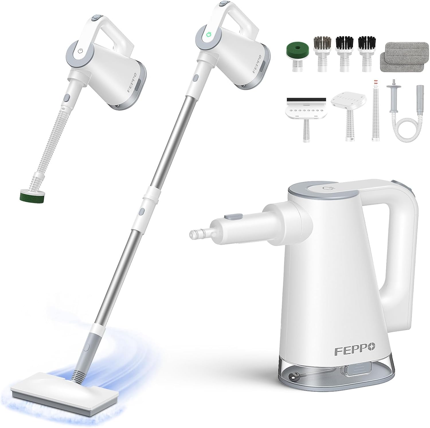 FEPPO Steam Mop with Detachable Handheld Steam Cleaner for Home and Floor Cleaning, 10-in-1 Multi-purpose Attachments & 2 Pads, Powerful Steamer for Floors, Hardwood, Tiles,Grout,Windows,Kitchen,Bath