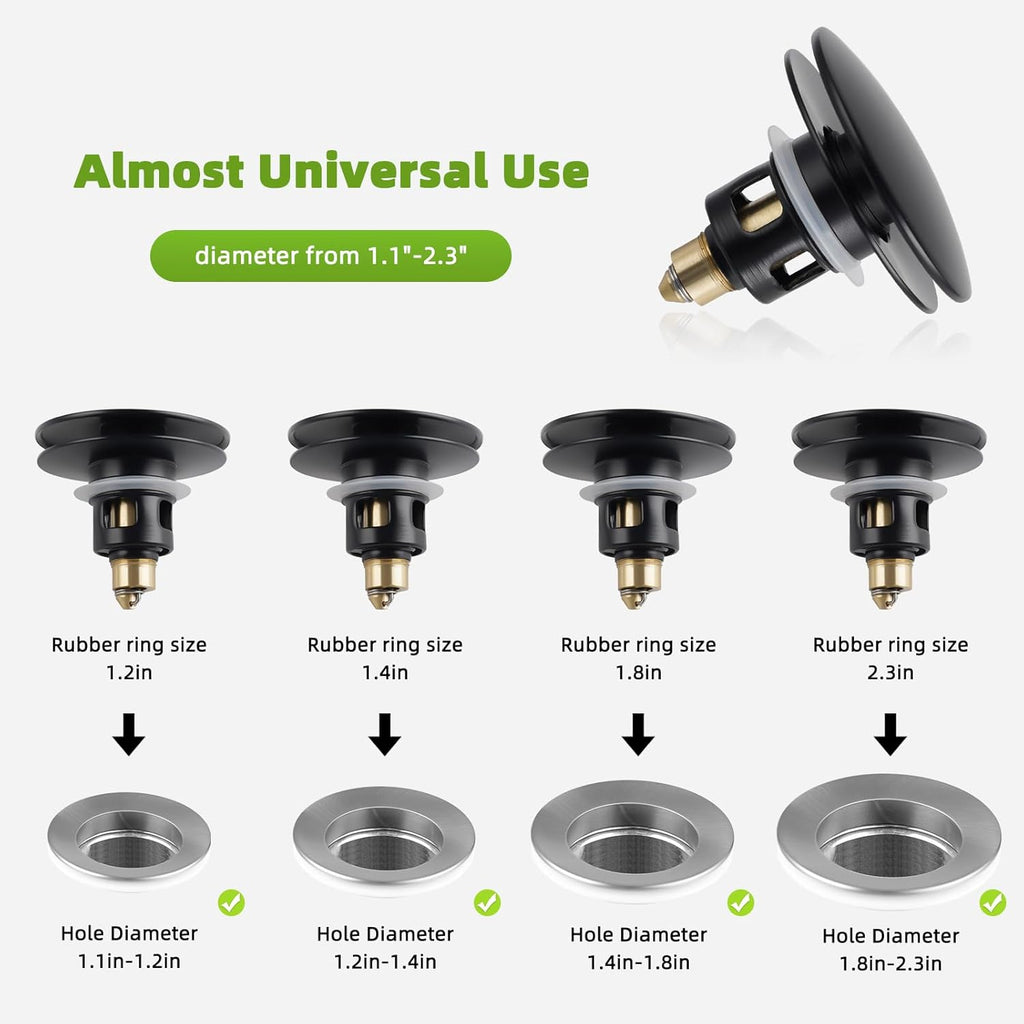 Universal Bathroom Sink Drain Strainer Hair Catcher Upgraded with Removable Stainless Steel Filter Basket, 2 in 1 Pop Up Sink Stopper for 1.1''~2.36'' Sink Basin Hole, Big Cover Cap, Matte Black