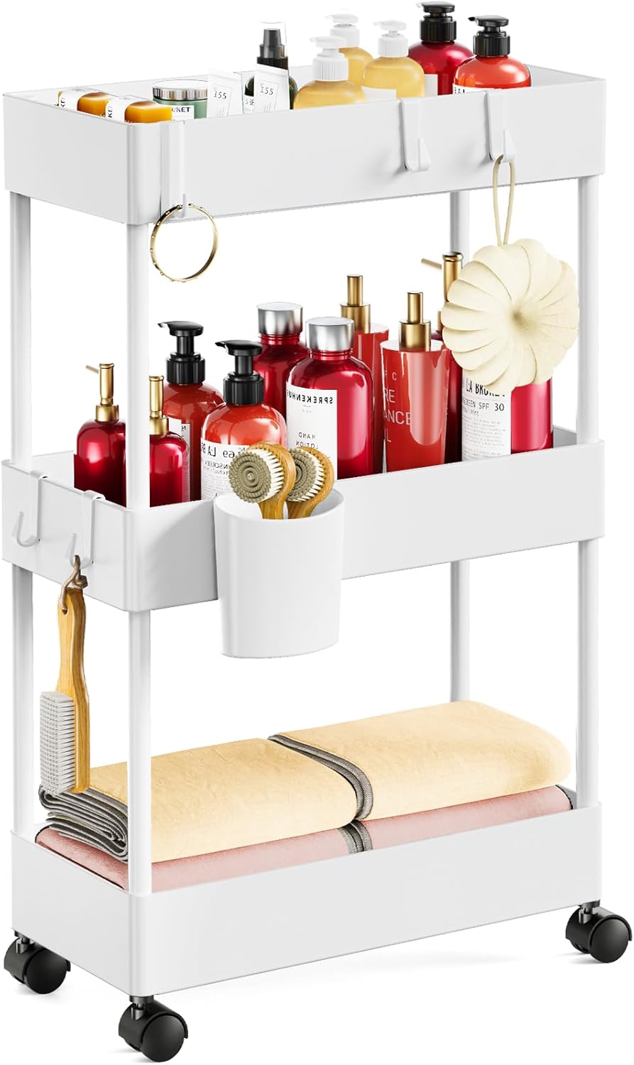 Pipishell Slim Storage Cart with Wheels, Bathroom Cart Organizer Bathroom Storage Small, Rolling Cart for Bathroom, Laundry Room, Kitchen, Narrow Space, White PIUC04W