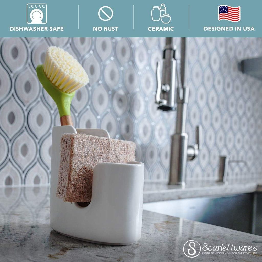 Kitchen Sink Caddy Dish Sponge Holder and Scrub Brush Dish Wand Holder Ceramic White Farmhouse Modern