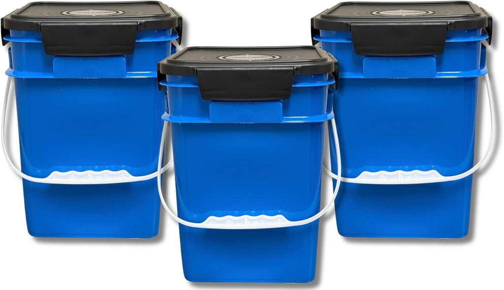 House Naturals 4 Gallon Square Food Grade Bucket Pail with Plastic Handles and Lid (Pack of 3) Made in USA containers (Blue)