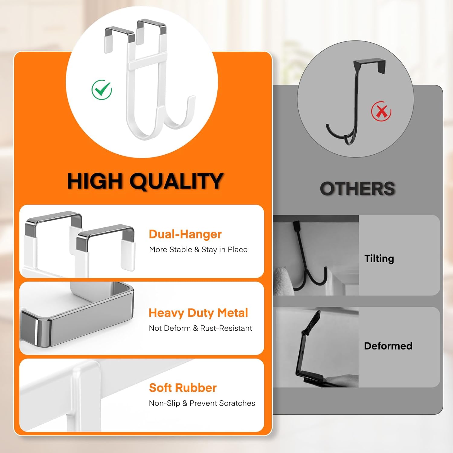 FYY Over The Door Hooks - 4 Pack Heavy Duty Dual-Hook Organizer Hanger with Non-Slip Rubber for Towels, Clothes, Hats & Bags Use in Bathroom, Bedroom, Kitchen - Fits Interior Doors Up to 1 3/8" White