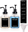 12oz Dish Soap Dispenser for Kitchen, Hand Glass Soap Dispenser Set with Pump, Tray, Funnel for Bathroom, Shower, Laundry, Liquid, Lotion (Black 2 Pack Clear Bottles with 12 Stickers)