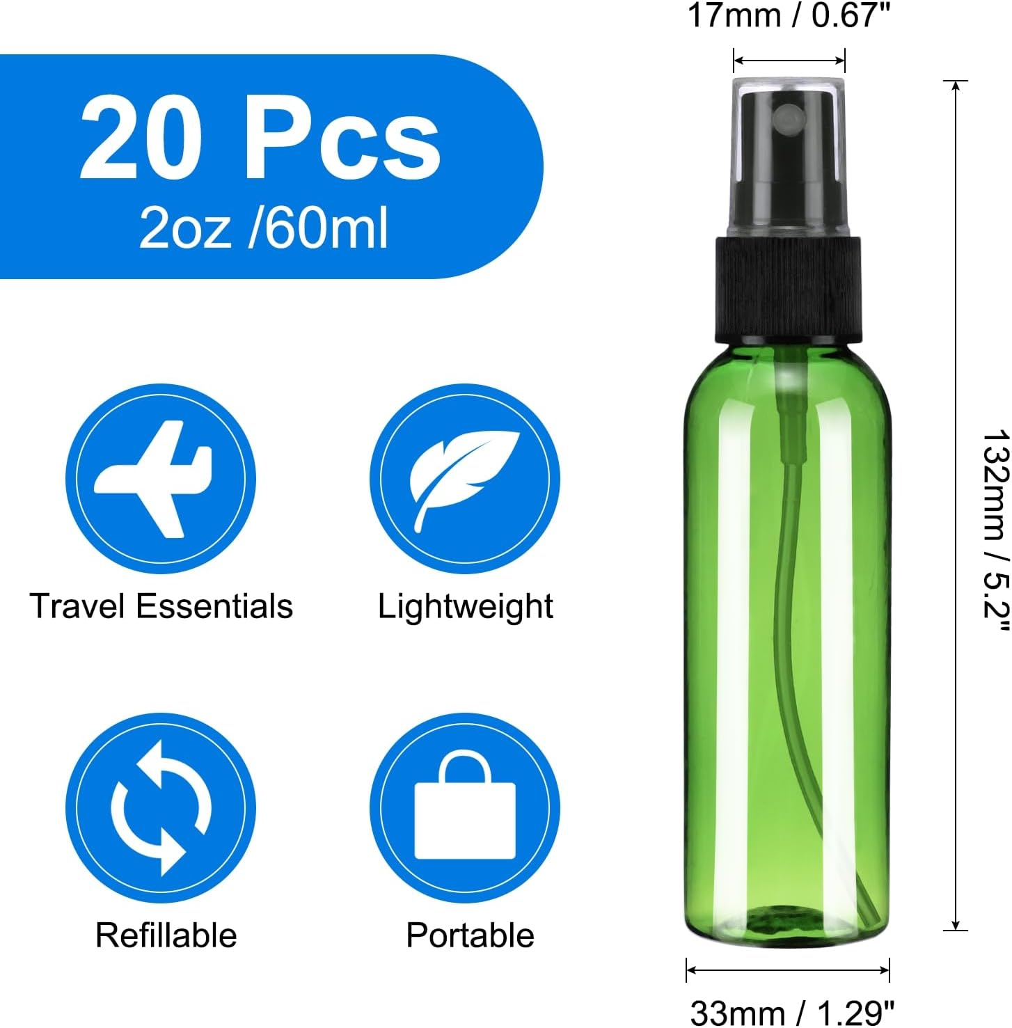 uxcell 20Pack Spray Bottles, 2 Oz/60ML Reusable Clear Empty Mist Plastic Mini Travel Bottle Set,Small Refillable Liquid Containers for Household Use, Essential Oil, Cleaning (Green Black)