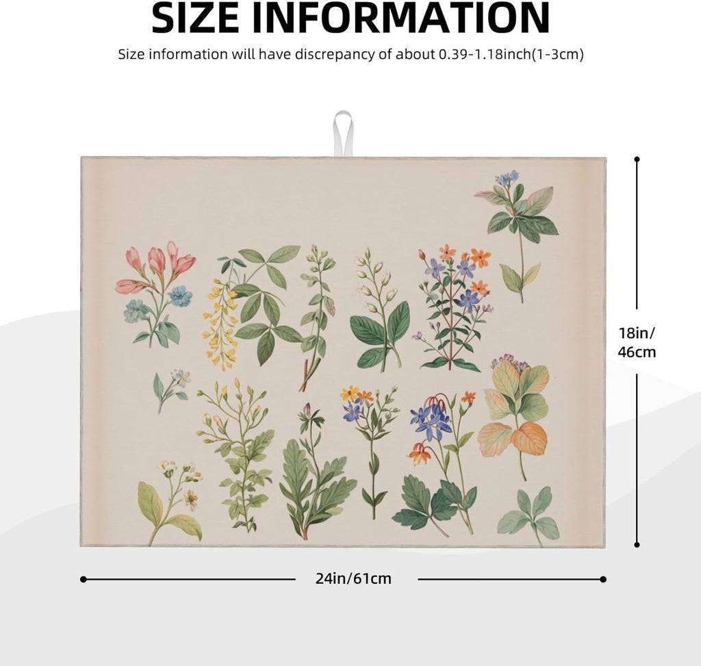 Vintage Plants Herbs Floral Dish Drying Mat Highly Absorbent Double-Sided Microfiber with Hanging Loop Reversible Drain Dish Rack Mat Drain Mat Suitable for Kitchen Countertop Coffee Bar 18 x 24 Inch