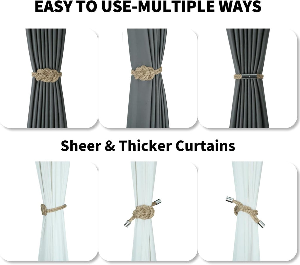 4 Pack Natural Jute Magnetic Curtain Tiebacks, Boho Rustic Style Decorative Curtain Ties Backs for Home & Office Drapery
