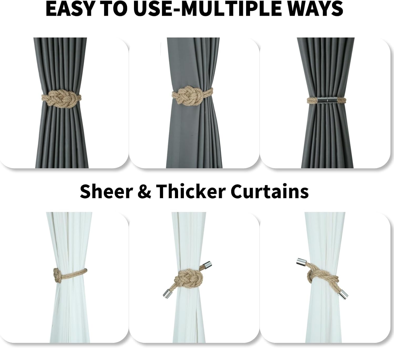 4 Pack Natural Jute Magnetic Curtain Tiebacks, Boho Rustic Style Decorative Curtain Ties Backs for Home & Office Drapery