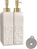 Soap Dispenser Set with Gold Stainless Steel Pump and a Funnel, 2 Pack Modern Ceramic Refillable Hand and Dish Soap Dispenser for Kitchen, Bathroom, Matte White