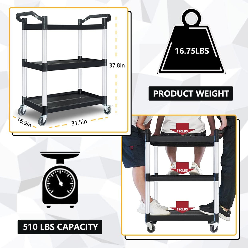 Plastic Utility Carts with Wheels, Heavy Duty 510lbs Capacity Rolling Service Cart, 3-Tier Restaurant Food Cart with Hammer for Office, Warehouse, Garage (Lockable Wheels, Black)