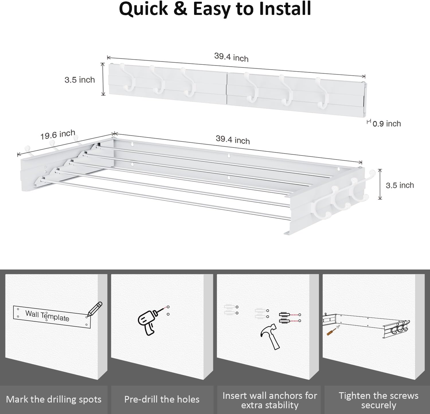 Laundry Drying Rack, Collapsible Wall Mounted Clothes Drying Rack - Foldable,Space Saving, 13.2 Linear Ft, 5 Aluminum Rods, 60 lb Capacity (White, 40" Wide)