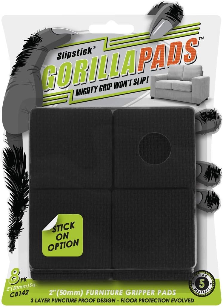 Slipstick GorillaPads CB142 Non-Slip Furniture Pads/Grippers (Set of 8) Furniture Leg Floor Protectors, 2 Inch Square, Black