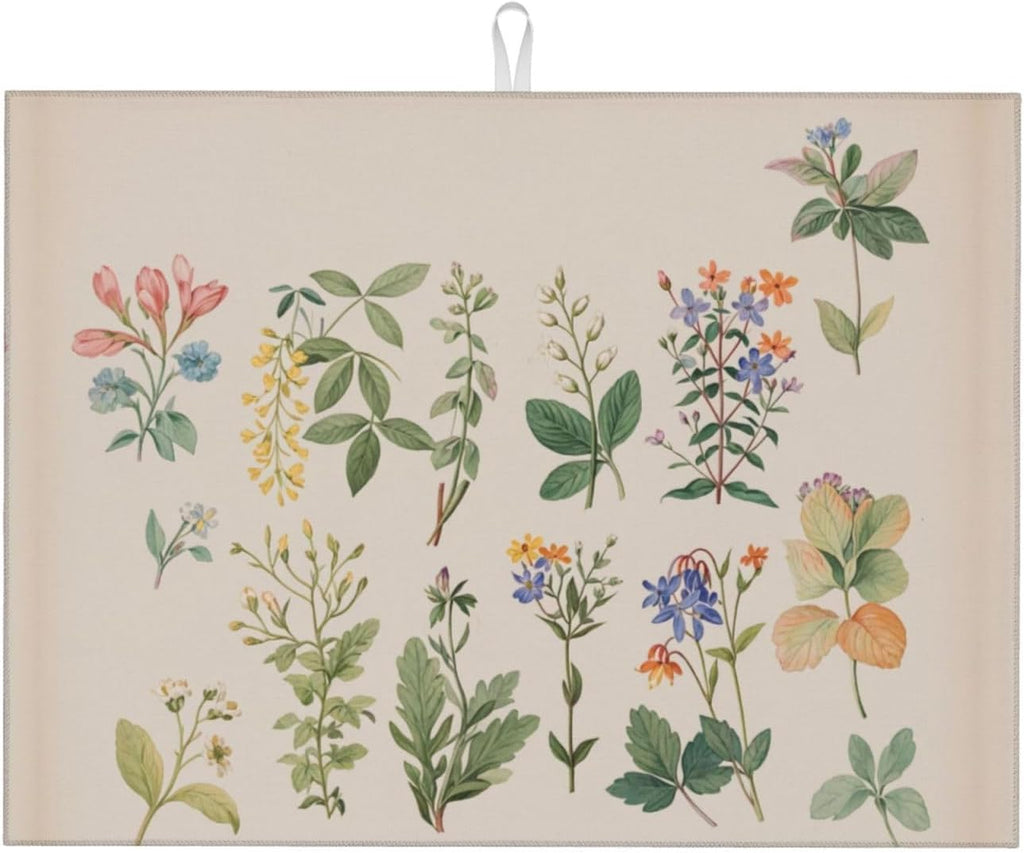 Vintage Plants Herbs Floral Dish Drying Mat Highly Absorbent Double-Sided Microfiber with Hanging Loop Reversible Drain Dish Rack Mat Drain Mat Suitable for Kitchen Countertop Coffee Bar 18 x 24 Inch