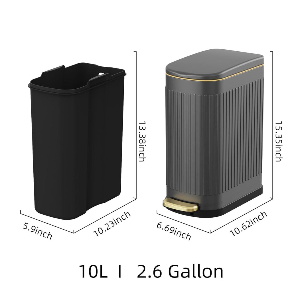 2.6 Gallon Slim Bathroom Trash Can with Soft Close Lid, 10L Stainless Steel Garbage Can with Removable Liner Bucket, for Narrow Spaces, Bathroom, Bedroom (Gray)