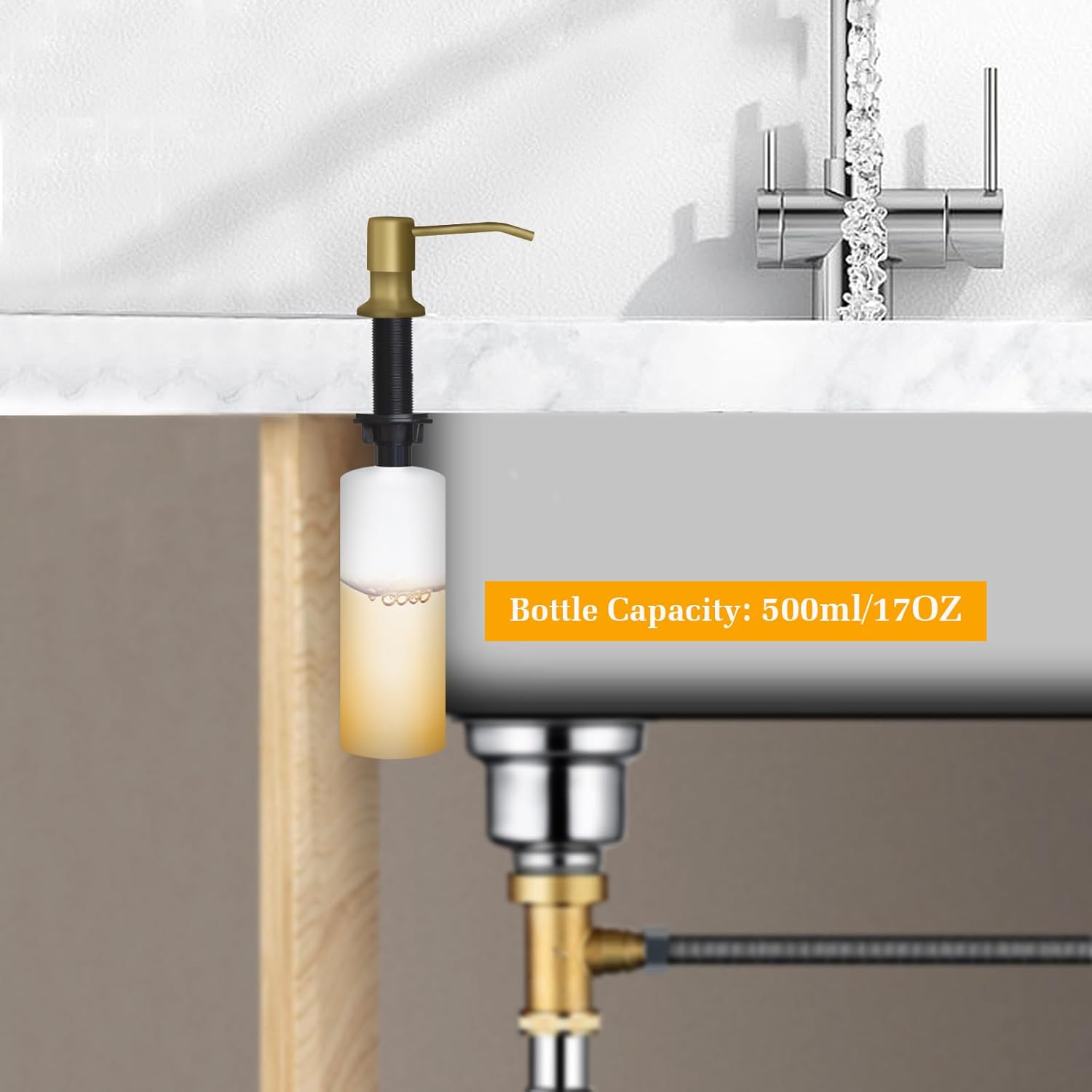 Soap Dispenser for Kitchen Sink, Built in Sink Soap Dispenser Lotion Dispenser with 17 OZ Bottle, Refill from The Top Bar Sink Soap Dispenser, Gold