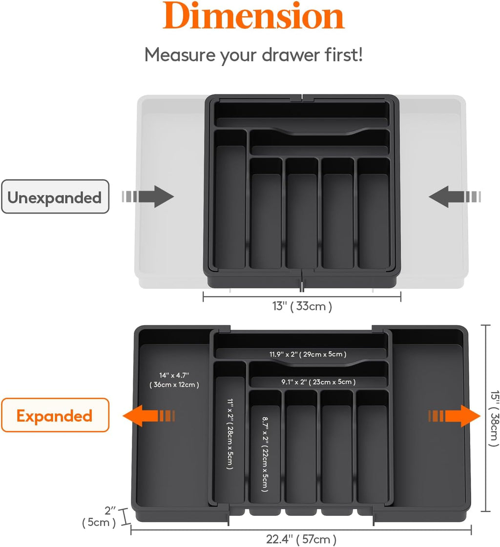Lifewit Silverware Drawer Organizer, Expandable Utensil Organizer for Kitchen Drawers, Adjustable Cutlery and Flatware Tray, Plastic Spoons Forks Knives Holder Storage Dividers, Large, Black