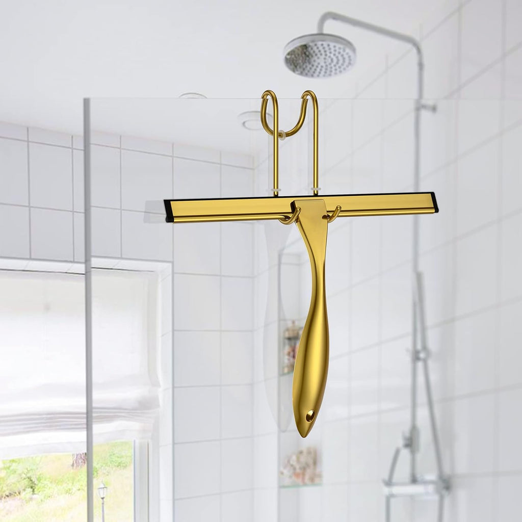 Shower Squeegee and Window Squeegee, Stainless Steel, 100% Streak-Free, Cleaner for Bathroom Showers Glass Doors, Home Mirrors, Car Windows Wiper, Adhesive Holder, Shower Door Hook, 10 Inch, Gold