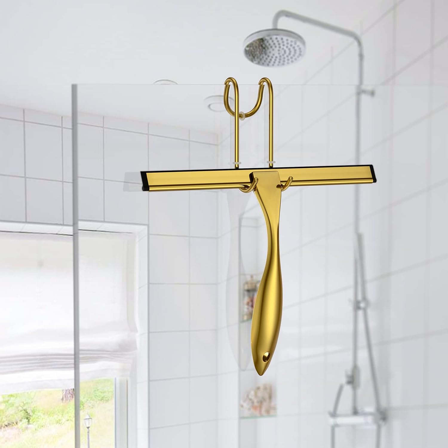 Shower Squeegee and Window Squeegee, Stainless Steel, 100% Streak-Free, Cleaner for Bathroom Showers Glass Doors, Home Mirrors, Car Windows Wiper, Adhesive Holder, Shower Door Hook, 10 Inch, Gold