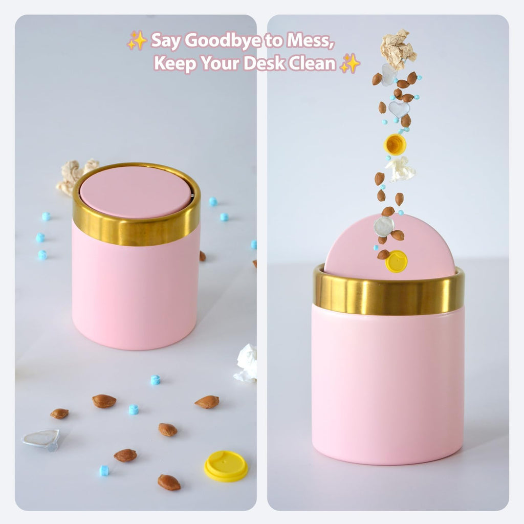 Mini Trash Can with Lid, Metal Small Tiny Mini Trash Bin Can, Mini Countertop Trash Cans for Desk Car Office Kitchen, Swing Top Trash Bin 1.5 L/0.40 Gal (Pink)