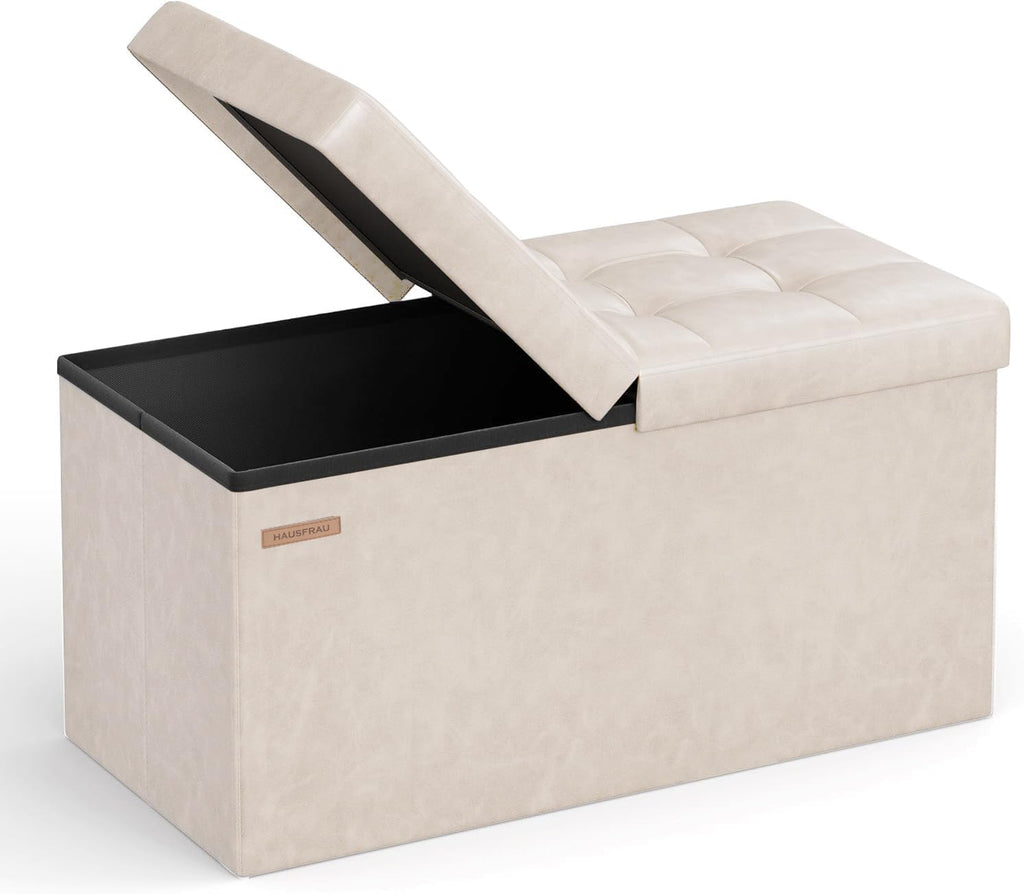 HAUSFRAU - 30 Inches Storage Ottoman Bench with Flipping Lid, Foldable Storage Chest Foot Rest for Living Room, Bedroom, Entryway, Load 660 lb, Synthetic Leather, Ivory