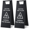 Kigley 2 Pcs Wet Floor Sign, 24 Inch Stainless Steel Caution Wet Floor Sign Double Sided Portable Foldable Bilingual Safety Warning for Hotel Market Restroom Restaurant Office (Black)