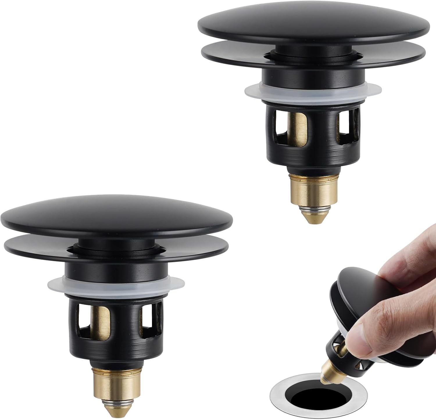 Universal 2PCS Bathroom Sink Stopper 2 in 1 Pop Up Metal Sink Drain Strainer with Hair Catcher, Fit for 1.1~2.36" Sink Basin Hole, Big Cover Cap, Anti-clog, Matte Black