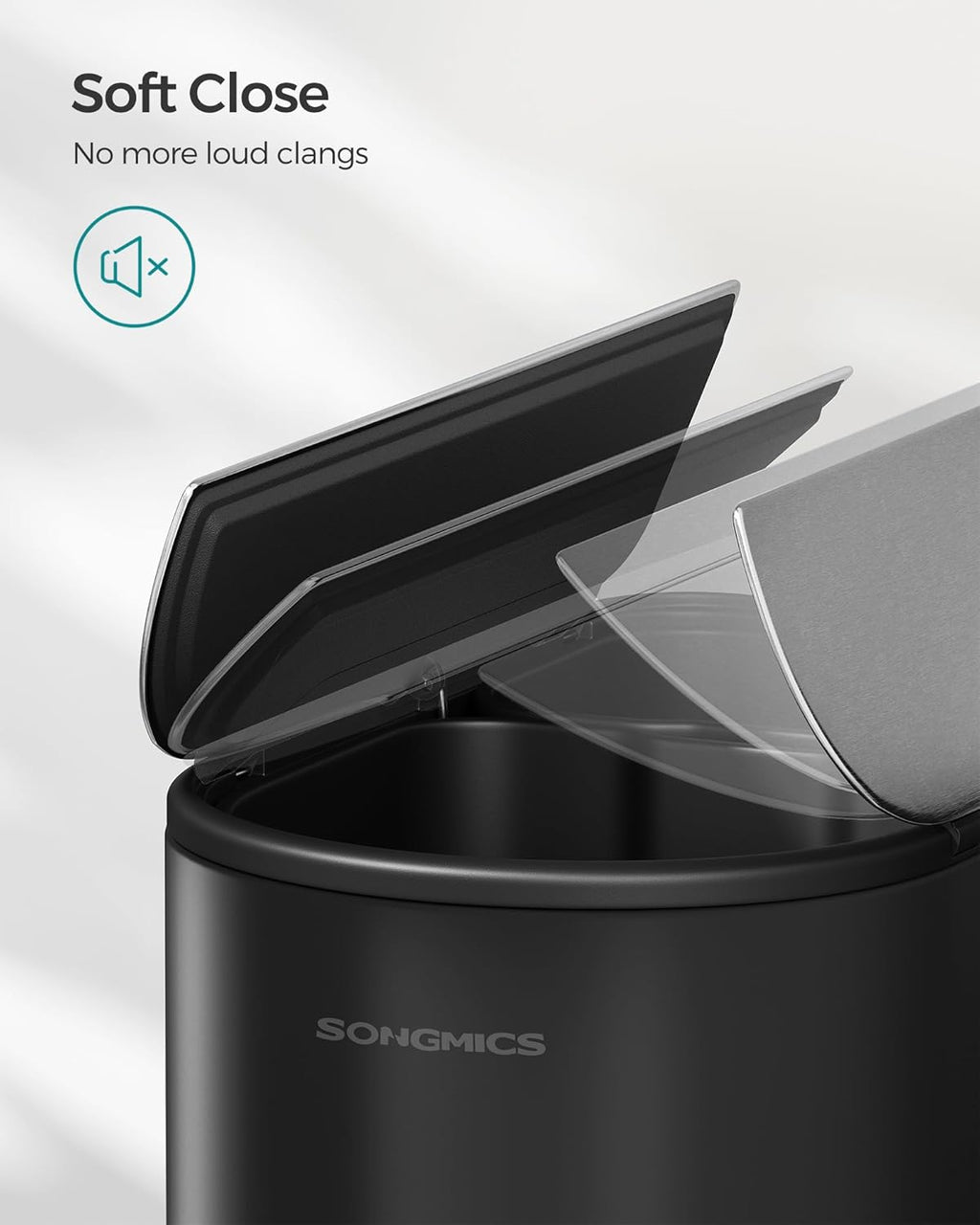 SONGMICS 13-Gallon Dual Kitchen Trash Can, 5.3 and 8 Gallon Compartments, Garbage Can with Wing Lids, Stainless Steel, Soft Close, Inner Buckets, Ink Black and Metallic Silver ULTB570B50
