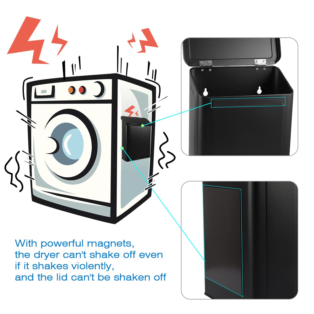 Picowe Magnetic Laundry Storage, Large Metal Lint Holder Bin with Lid for Laundry Room, Space-Saving Trash Container Hanging on Dryer, Washer or Wall Mount Trash Bin (Black)
