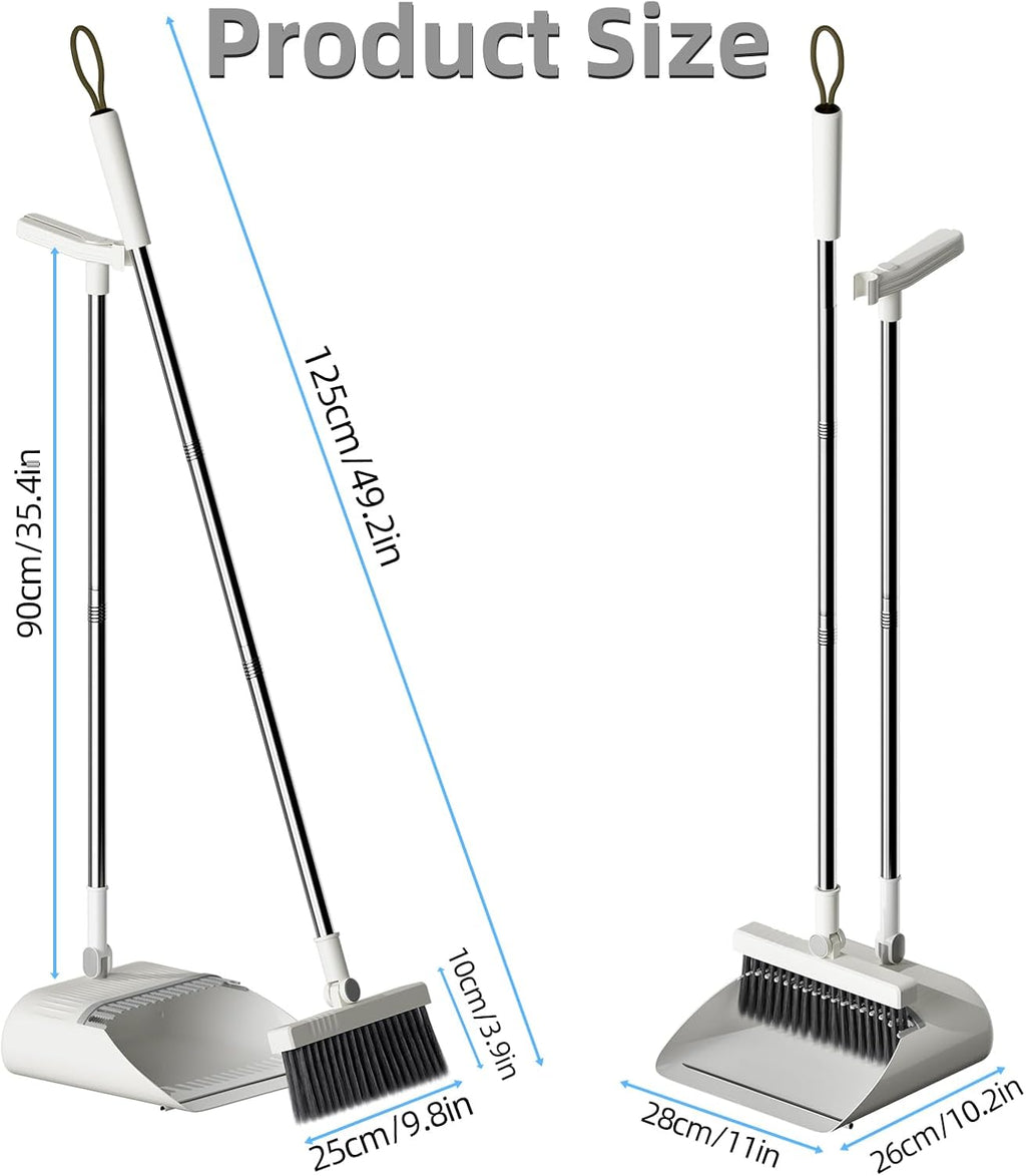 Upgrade Broom with Dustpan Combo Set, Broom and Dustpan Set with Adjustable Handle，Self-Cleaning Dustpans Teeth for Home Kitchen Office Hall Floor，ZeroGap Lip （White&Grey）