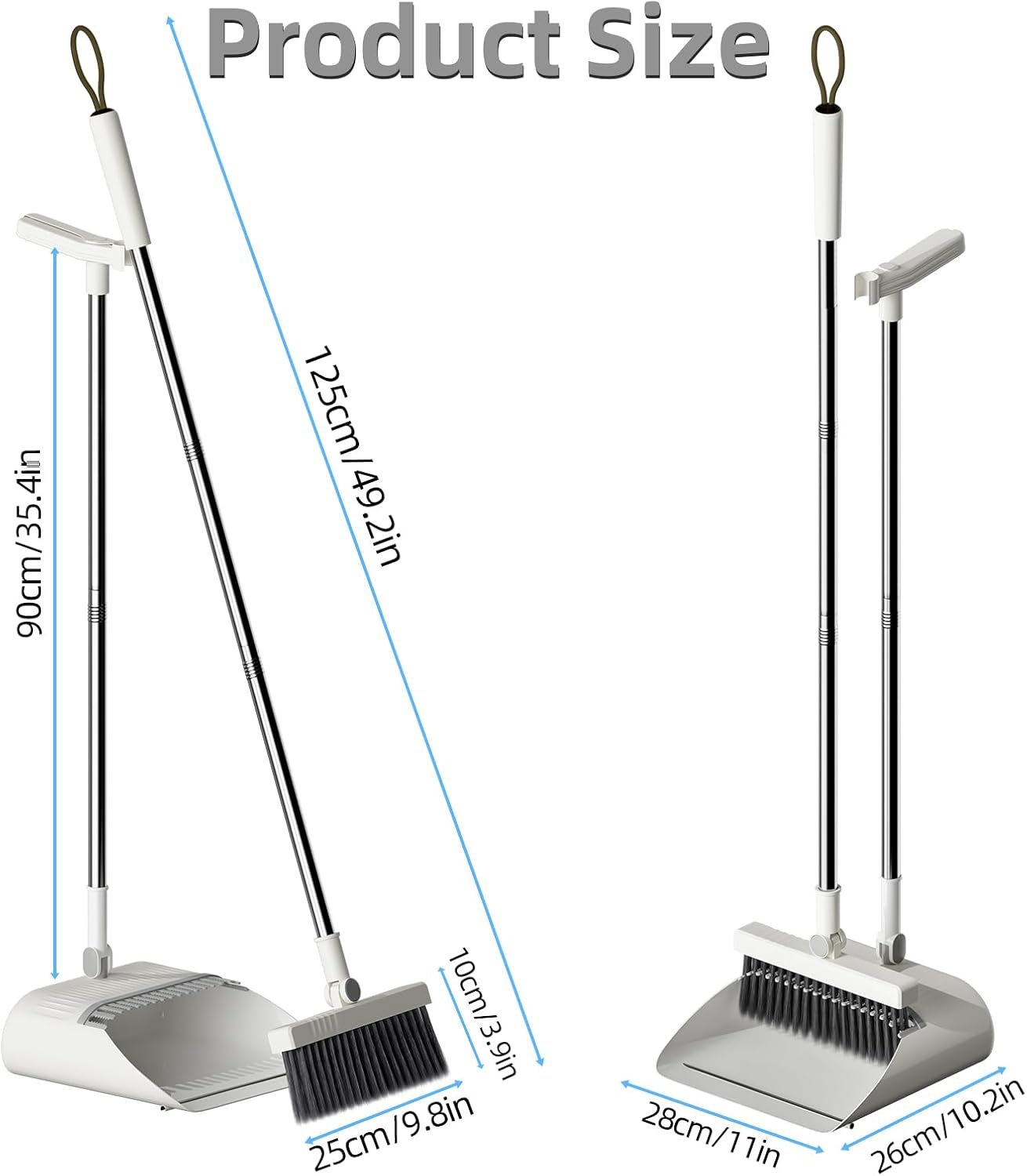 Upgrade Broom with Dustpan Combo Set, Broom and Dustpan Set with Adjustable Handle，Self-Cleaning Dustpans Teeth for Home Kitchen Office Hall Floor，ZeroGap Lip （White&Grey）