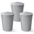 Plexon Round Trash Can 13 Gallon, Vintage Metal Outdoor Trash Can with Lid, Retro Farmhouse Garbage Container, Old School Modern Ash Bucket, Gray 3 Pack