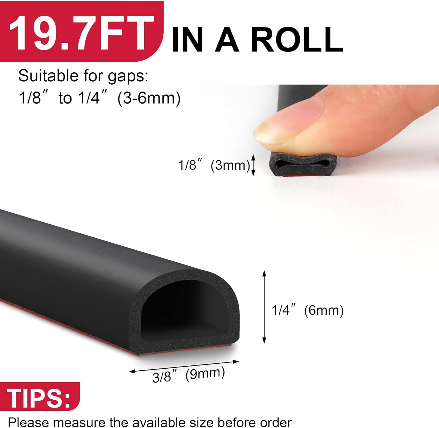【New Upgrade】 Silicone Door Weather Stripping Door Seal Strip, 19.7 Feet Self-Adhesive D-Shape Door Insulation Strip for Door Frame& Window
