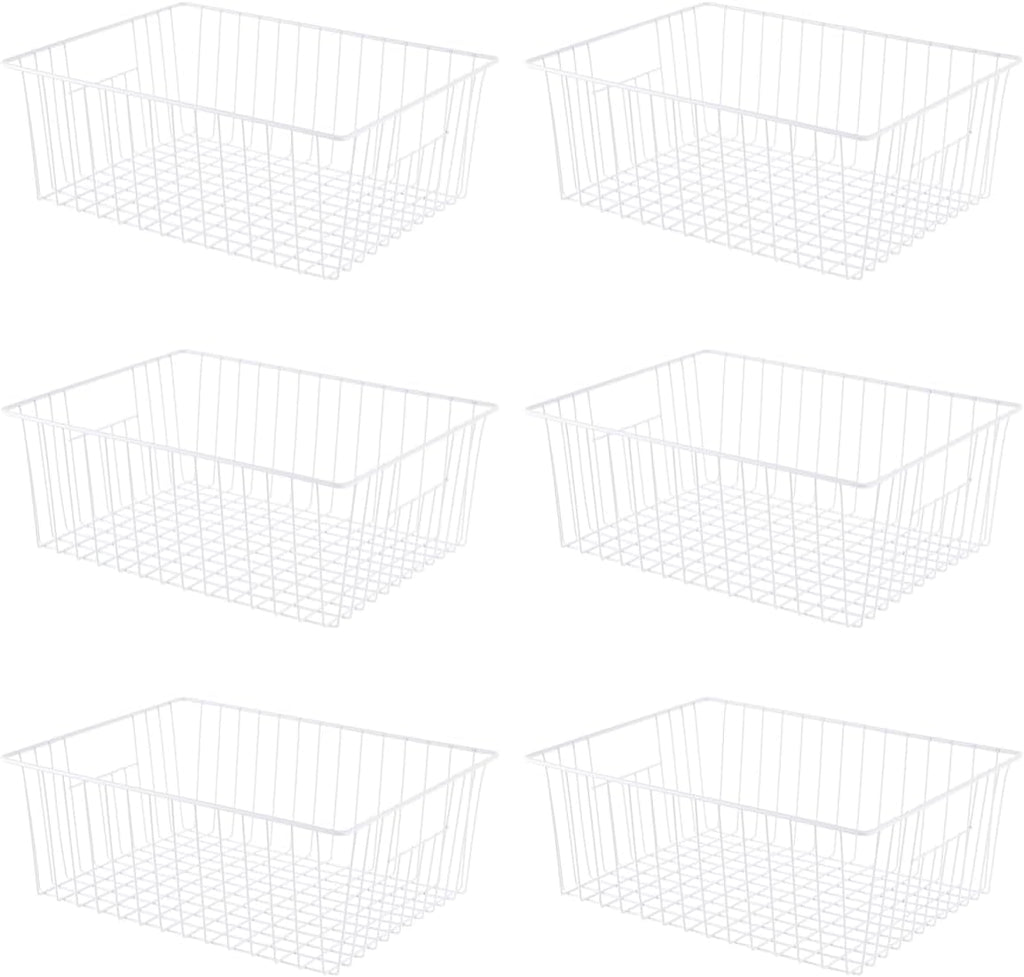 Upright Freezer Organizer Bins，Freezer Storage Baskets for 16, 17, 21 cu.ft Standup Freezer, Wire Storage Baskets with Built-in Handles, 6Pcs , White