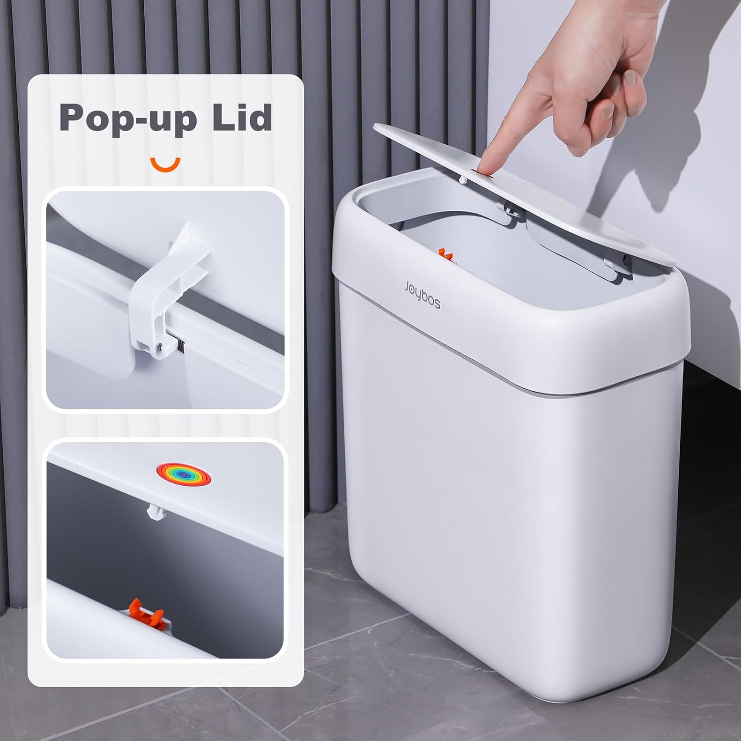 JOYBOS Bathroom Trash Can with Lid,3 Gallon Small Garbage Can with Press Top Lid,10L Dogproof Slim Plastic Narrow Trash Bin for Toilet, Office, Bedroom, Living Room, Grey