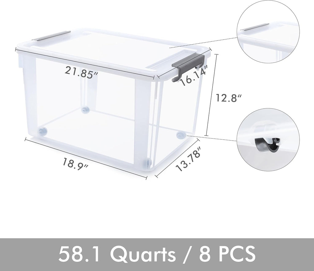Citylife 58.1 QT Plastic Storage Bins with Latching Lids Stackable Storage Containers for Organizing Large Clear Storage Box for Garage, Closet, Kitchen, 8 Packs