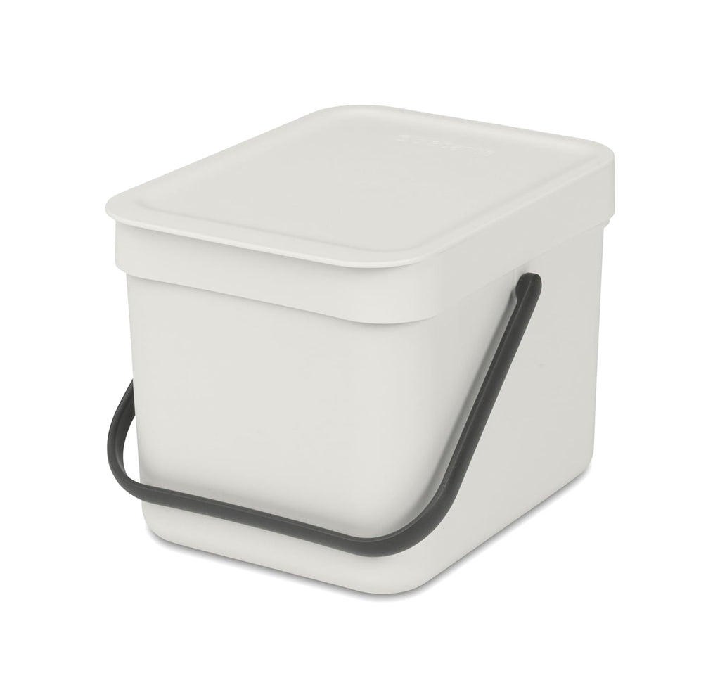 Brabantia Sort & Go Food Trash Can (1.6 Gal/Light Gray) Small Countertop Kitchen Compost Caddy with Handle & Removable Lid, Easy Clean, Fixtures Included for Wall/Cupboard Mounting