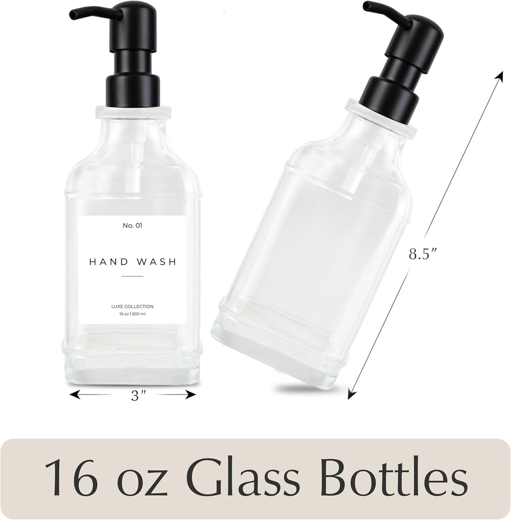 Emerson Essentials Glass Soap Dispenser Set – 16 oz 2-Pack – Refillable Dish & Hand Soap Dispensers for Kitchen or Bathroom – Stainless Steel Pump & 5 Waterproof Labels