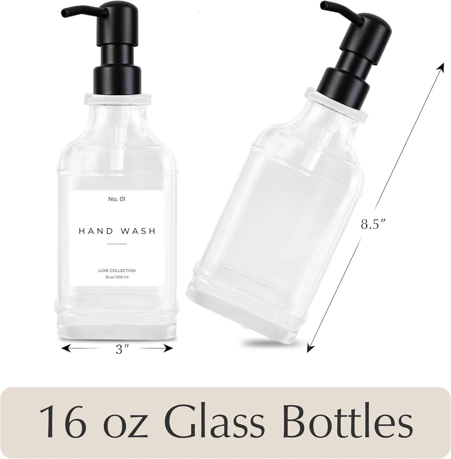 Emerson Essentials Glass Soap Dispenser Set – 16 oz 2-Pack – Refillable Dish & Hand Soap Dispensers for Kitchen or Bathroom – Stainless Steel Pump & 5 Waterproof Labels