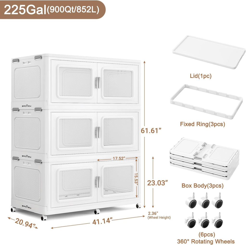 BROVIEW 900 Qt Stackable Storage Bin with Lid, 225Gal Extra Large Collapsible Storage Boxes, Folding Plastic Drawer, Heavy-Duty Store Cabinet, Closet Organizer for Home Kitchen, 3 Pack White