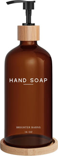 Amber Glass Hand Soap Dispenser Bathroom Set by Brighter Barns - Hand Soap Dispenser for Kitchen Sink & Bathroom - Bamboo Glass Bottle with Tray - Modern Home Decor for Spa, RV, Fitness Center (Amber)