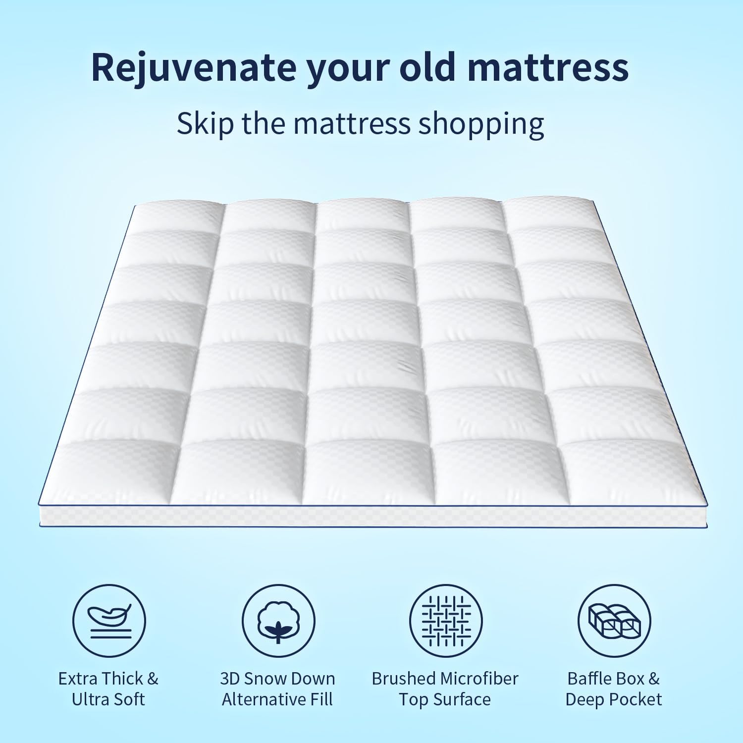 Mattress Topper Twin Extra Thick Mattress Pad Cover for Back Pain Cooling Mattress Protector with 8-21 Inch Deep Pocket Overfilled Down Alternative Filling White