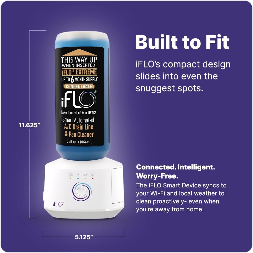 iFLO® Smart A/C Drain Line Cleaner and Drain Pan Cleaner Cartridge Concentrate, Fast-Acting, Long-Lasting HVAC System Solution for Tough Clogs & Buildup, 6-Month Supply per Bottle, 3 Pack of 36oz