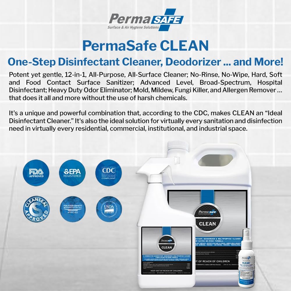 PermaSafe CLEAN, All-Purpose Hospital Disinfectant Cleaner; No Rinse, Hard, Soft & Food Contact Surface Sanitizer; Mold, Mildew and Fungi Killer; Odor Eliminator; Allergen Remover & More-3 Fl Oz-2 Pk