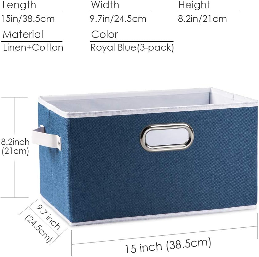 PRANDOM Large Collapsible Storage Baskets for Closet [3-pack] Decorative Fabric Storage Bins Cubes with Leather/Metal Handles for Shelves Bedroom Living Room Royal Blue (14.9x9.8x8.3 Inch)