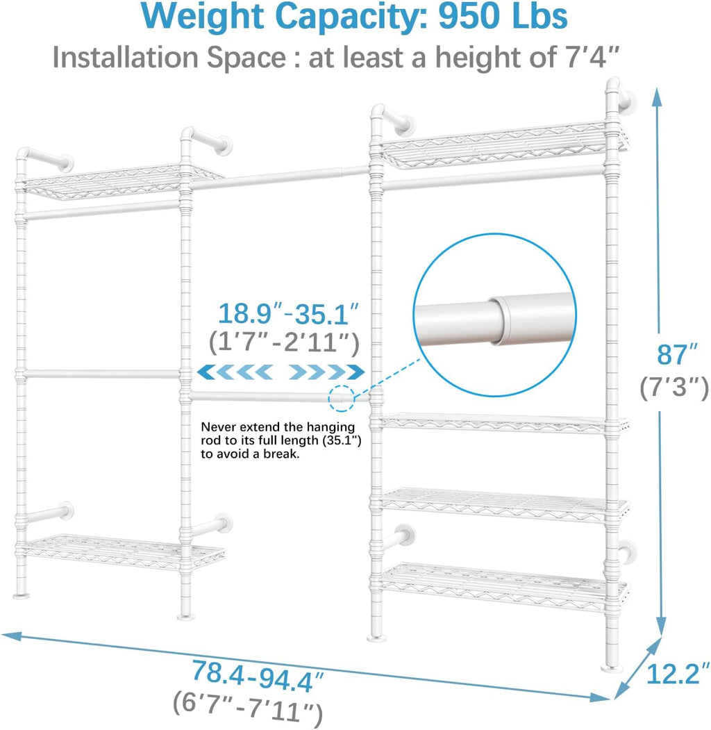 Timate F3 Garment Rack Heavy Duty Clothes Rack for Hanging Clothes, Expandable Industrial Pipe Wall Mounted Clothing Rack, Adjustable Storage Closet Wardrobe Closet Kit Walk in Closet Systems, White