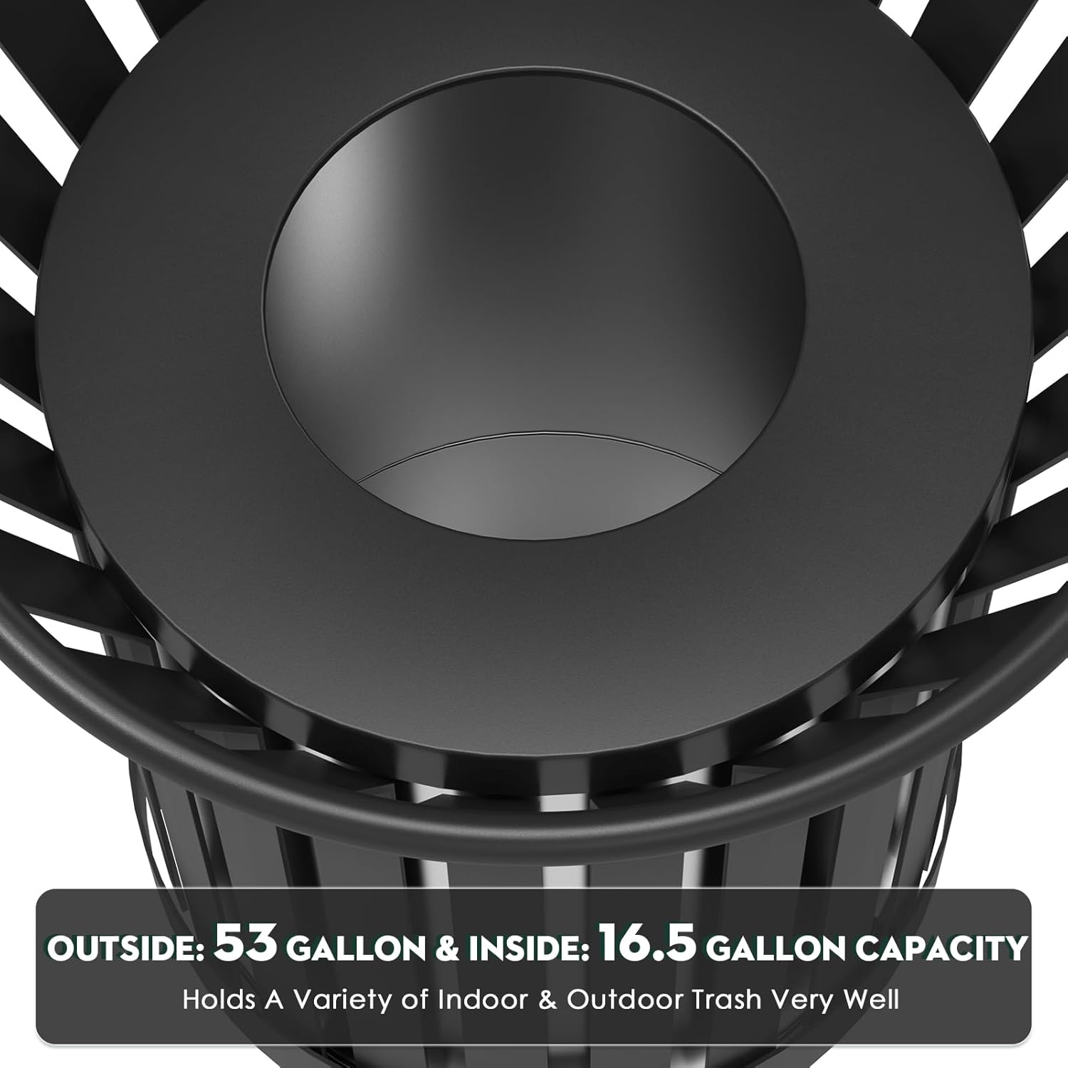 16Gallon/62L Commercial Outdoor & Indoor Metal Trash Can, Outdoor Slatted Trash Receptacle with Metal Linner, All Weather Resistant Large Outside Zone Round Garbage Bin for Street, Park, School-Black