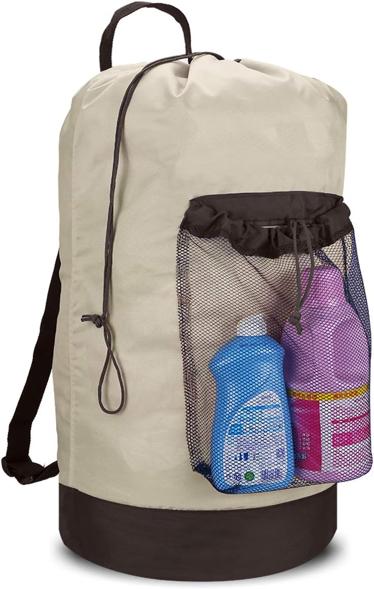 Dalykate Backpack Laundry Bag, 115L Large Hamper with Shoulder Straps, Drawstring Closure, Mesh Pocket, Khaki