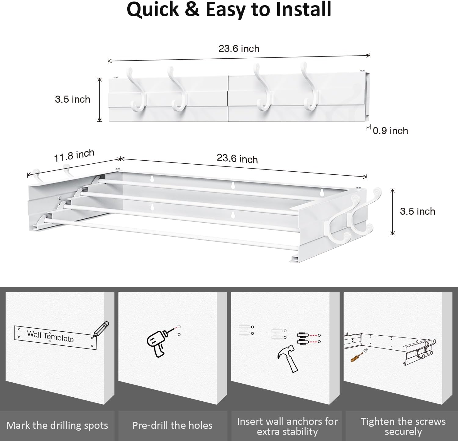 Laundry Drying Rack, Collapsible Wall Mounted Clothes Drying Rack - Foldable,Space Saving, 13.2 Linear Ft, 4 Aluminum Rods, 60 lb Capacity (White, 23.6" Wide)