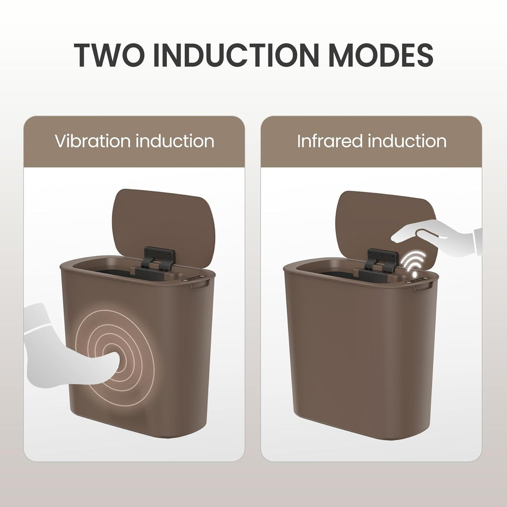 Cesun Automatic Motion Sensor Bathroom Trash Can with Lid, 2.6 Gallon Touchless Trash Bin, Smart Plastic Slim Garbage Can Small Brown Wastebasket for Toilet, Office, rv, Bedroom, Living Room